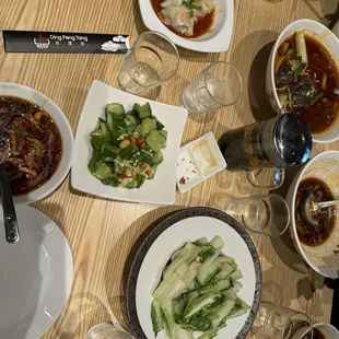 beef dumplings, sautéed taiwanese bok choy, cucumber in garlic sauce, wonton in chili sauce