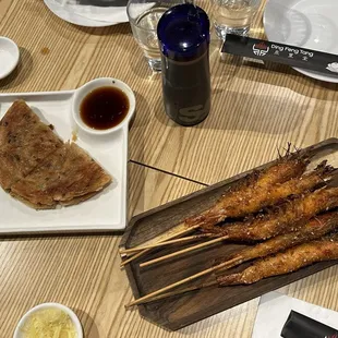 Shrimp Skewers and Scallion Pancake