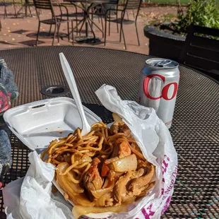 Lomein noodles and chicken. 1 main + noodles + drink for about $5.