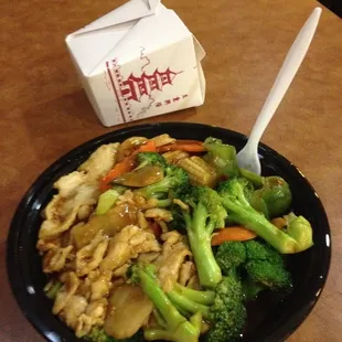 wooloon chicken, it off the menu; disinterested preteen at the counter recommends it. rice box included on side - literally.