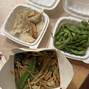 Vegetable lo mein, edamame, chicken potstickers
