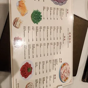 menu, sushi and sashimi