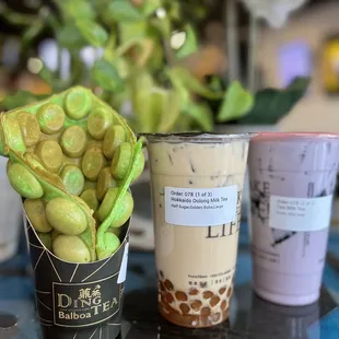 Bubble waffle, Hokkaido Oolong Milk Tea with golden boba, and taro milk tea with grass jelly