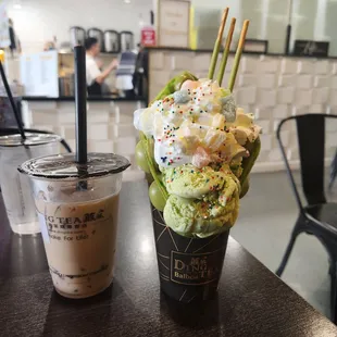 Classic Milk tea and gotcha matcha poffle