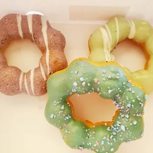 Taro, cotton candy, and honeydew mochi donuts