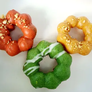 Red Velvet, Matcha, and Peanut Butter Mochi Donuts