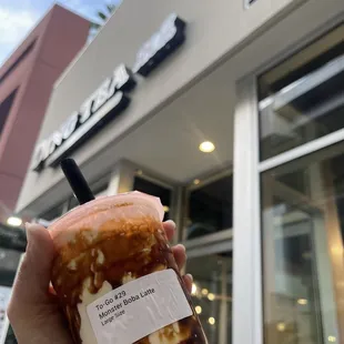 Front store sign with my monster boba latte