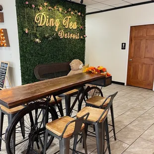 a table and chairs in a restaurant