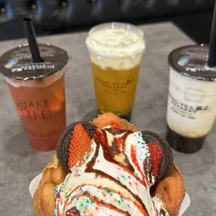 Waffle of the Day, along with the Ding Tea Fruit Tea with aloe vera, mango macchiato with coconut foam, and Creme Brûlée Monster Boba