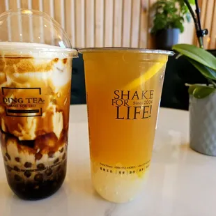 Left: Monster Brulee Latte  Right: Kumquat-Lemon Iced Tea with Lychee Jelly
