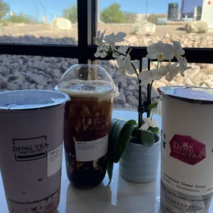 Taro slush, monster brulee latte, and mango Yakult.