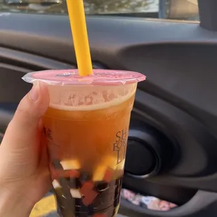 honey green tea with boba and rainbow jelly