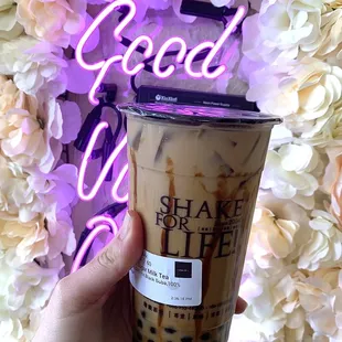 Brown Sugar Milk Tea with Black Boba, 100% Sweetness and 50% Ice.
