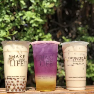 Jasmine milk tea with boba, pineapple lemonade, brown sugar milk tea with egg pudding and seafoam!