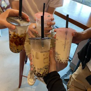 Monster Boba Latte, Hokkaido Black Milk Tea with coffee jelly and golden boba, the signature, and winter melon milk tea with golden boba.