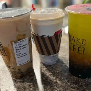 Hokkaido Black Milk Tea (iced) with boba, Hokkaido Black Milk Tea (hot) no boba, &amp; Jasmine Green Tea with golden boba and boba