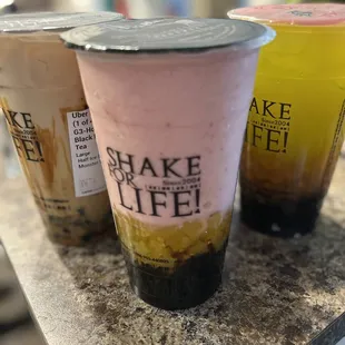 Hokkaido Black Milk Tea, Strawberry Snow with mango jelly &amp; boba (DELICIOUS!!!), &amp; Jasmine Green Tea