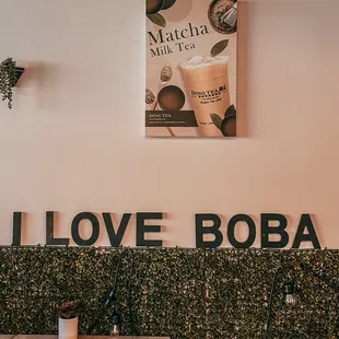 i love boba sign on a wall