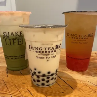 L-R: Matcha Latte with soy milk, Jasmine Green Milk Tea with black boba, Lychee Tea with strawberry jelly