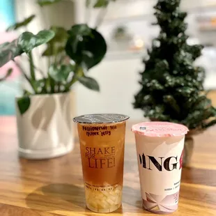Passion Fruit Tea w/ lychee jelly, Strawberry Yakult w/ lychee jelly