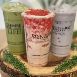 Taro, matcha and strawberry milk tea with strawberry star fruit jelly