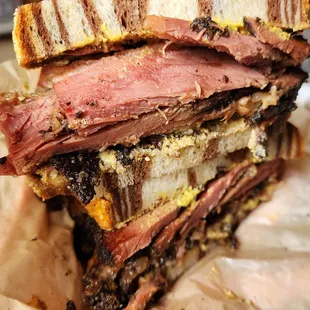 Pastrami (ding, hot, marble rye, no Russian or coleslaw, add schmear of chopped livah)...ate half and it was amazing! (6/14/23)