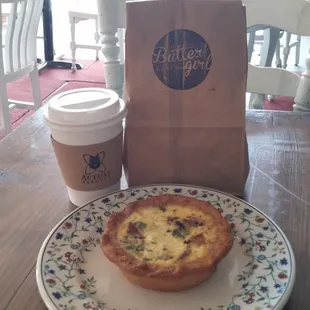 Buttergirl Bakery bacon quiche with Actual Brewing coffee, slow drip.