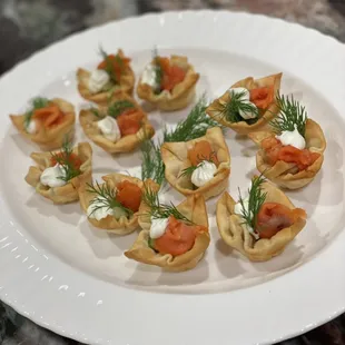 Salmon Wonton Cups - smoked salmon, diced cucumbers, creme Fraiche, fresh dill