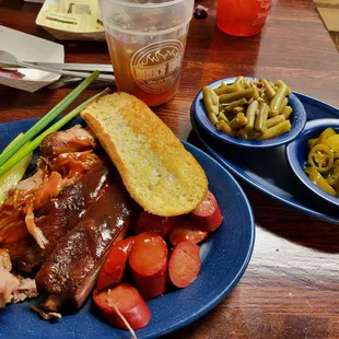 Three meat plate...pulled pork, ribs, and sausage