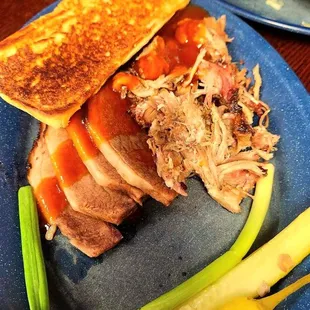 Two Meat Combination; Sliced Beef Brisket, Pulled Pork, Texas Toast and a Pickle