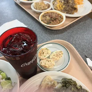 a tray of food and a drink