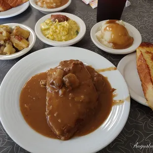 Meat Loaf, mashed potatoes, Broccoli Rice and Cheese and Texas Toast