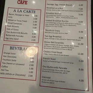 Breakfast menu as of Dec. 2024