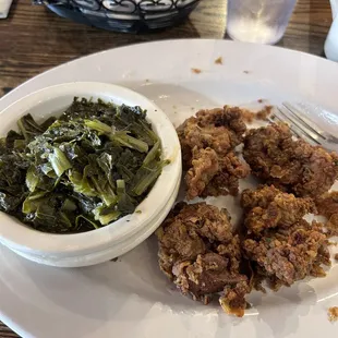 Chicken livers and greens, (mash potato with white gravy did  not make it in the picture)
