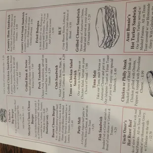a menu for a hot dog