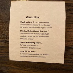 Dessert menu