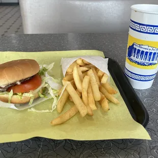 Combo comes with burger, fries, and a soda.