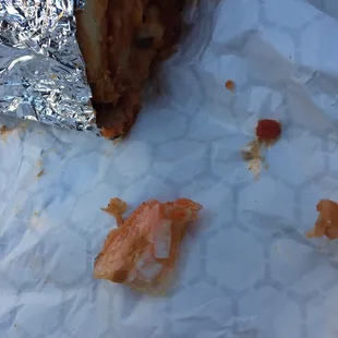 Shrimp Parmigiana with the tails still on.