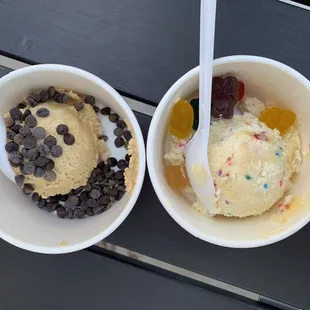 Left - peanut butter cookie dough with chocolate chips Right - funFetty cookie dough with gummy bears