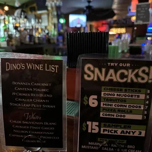 Wine list &amp; snacks