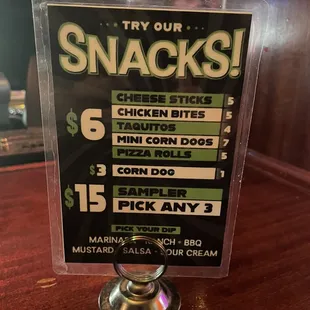 Snack menu