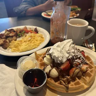 My go-to: "Dino's special" Belgium waffle with Nutlella, bananas, strawberries, &amp; whipped cream  Scramble soft eggs and red potatoes