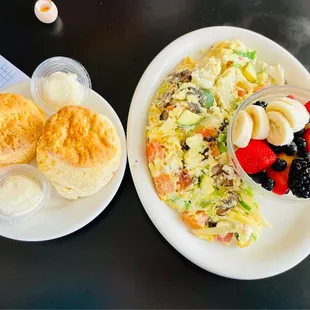 special omelette of the day with side of fruit and biscuits