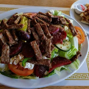 Greek Salad with Gyro Meat and Grilled Pita at Dino&apos;s