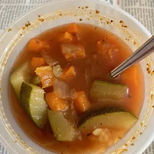 Minestrone soup on Thursdays. Lots of veggies. Container was full I started eating already lol.
