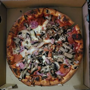 Pepperoni,  mushroom,, and onion pizza