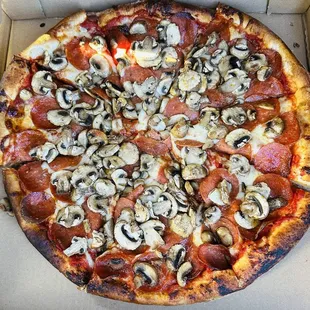 Large Pepperoni Mushroom. Extra cheese. Cooked well done