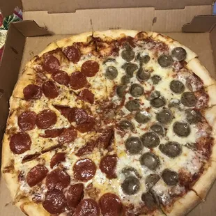 We get this every week! 1/2 pep, 1/2 sausage, double cut so it&apos;s easier for my gramma to eat :)