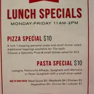 Lunch specials menu