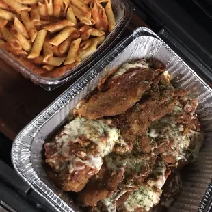 Chicken Parmigiana and penne